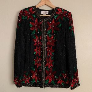 Vintage Laurence Kazar 1980s Black Silk Beaded Sequin Poinsettia Jacket - SIZE S